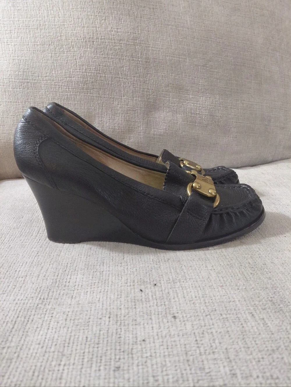 Michael Kors Black Leather Horse Bit Logo Wedges Size 8.5